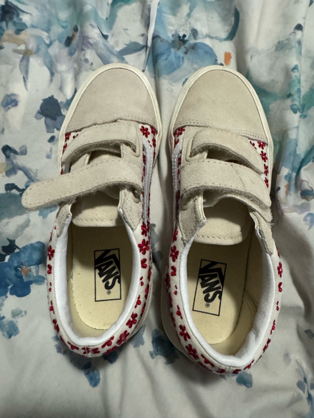 Vans Kids Suede Velcro Sneakers in White with Red Floral Trim